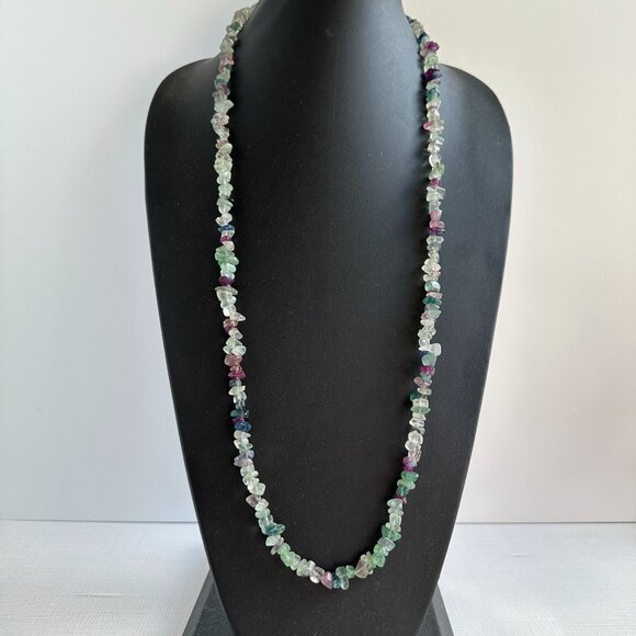 Natural Fluorite Chip Necklace, 35" Long Polished Gemstone Strand, Green & Purpl - Picture 11 of 11